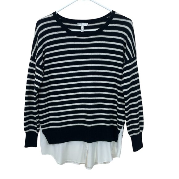 Joie Wool Cashmere Blend Sweater Size S Silk Layered Look Black/White‎ Stripe - Picture 1 of 6
